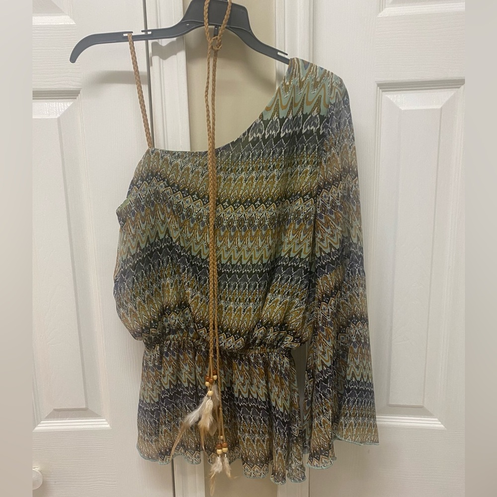 Los Angeles Apparel Blue , Gray, Green Asymmetrical 3/4 Sleeve Blouse